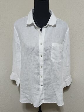 Chico’s No Iron 100% Linen White Button Down Shirt 3/4 Sleeve Sz 3 XL Vacay Beac